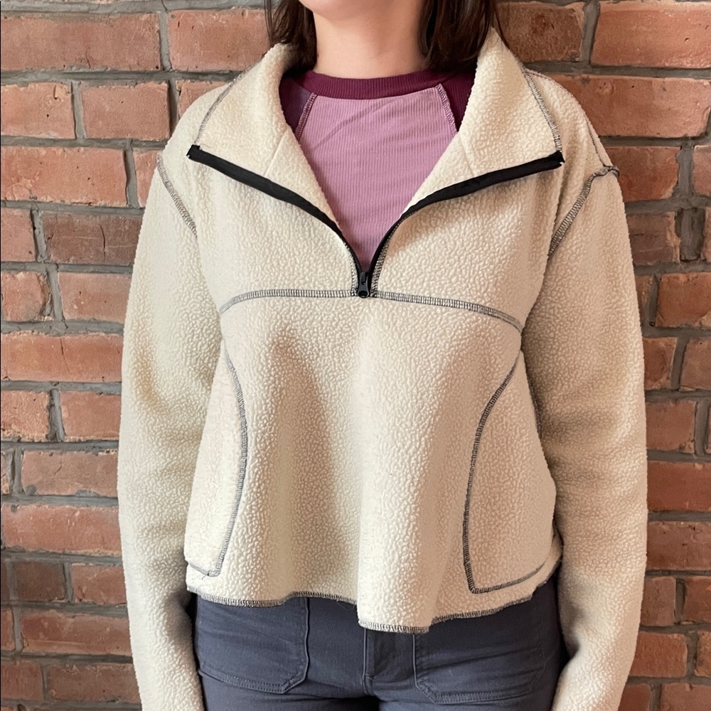 Women's Cream Fleece Jacket with Black Sitching
